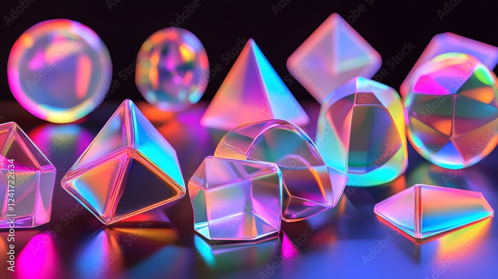 Poster iridescent geometric shapes in vibrant neon colors are scattered on a reflective surface. the shapes