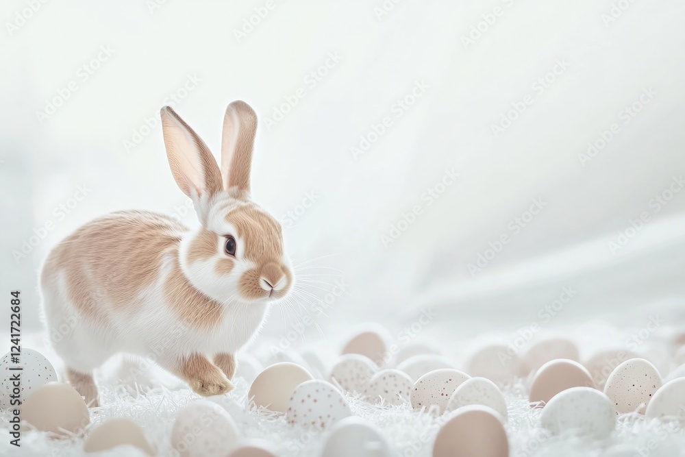Aufkleber artistic depiction of bunny hopping through field of easter eggs using soft and muted color palette 