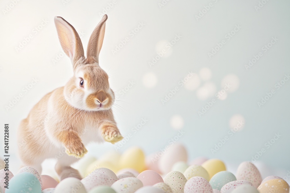 Aufkleber artistic depiction of bunny hopping through field of easter eggs using soft and muted color palette 