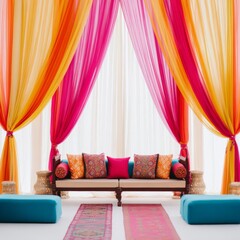 Cultural wedding setup with vibrant drapes, traditional patterns, and ornate details