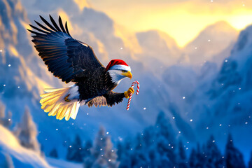 Merry Christmas concept holiday card - Soaring eagle with a Santa hat, holding a candy cane in its talons, gliding over a snowy mountain landscape on a twilight background
