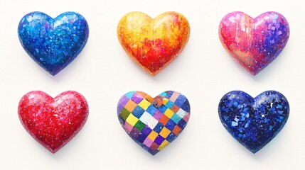 Fototapeta premium Colorful Heart Collection Symbolizing Love and Affection with Unique Design Patterns on White Surface.