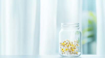 Radiant glow of wildflowers in clear glass jar against a soft background