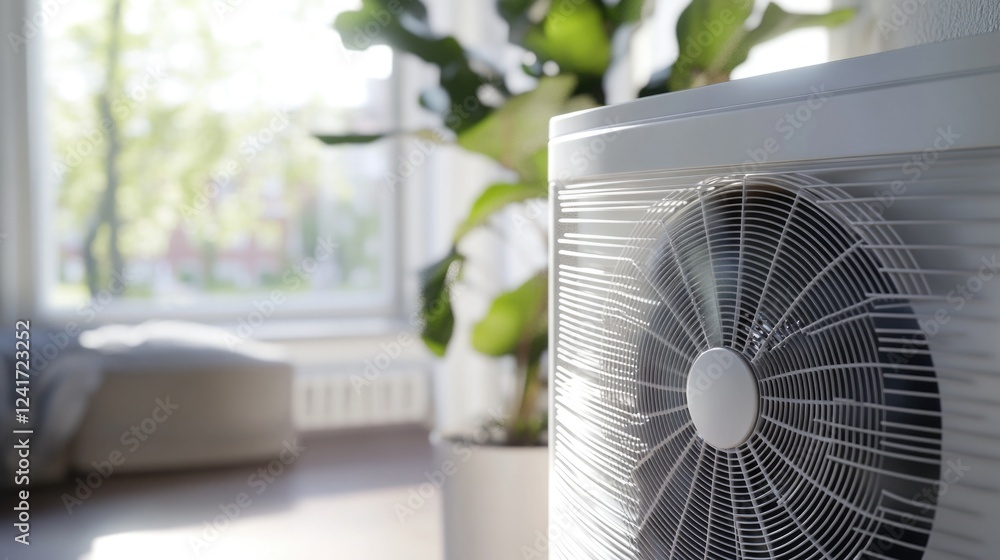 Poster a white air conditioner unit sits in front of a window, providing a simple and straightforward image