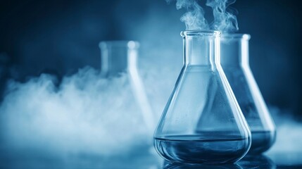 Bright blue liquids are contained within glass flasks in a laboratory. The closeup highlights the potential hazards of chemical substances during scientific exploration.