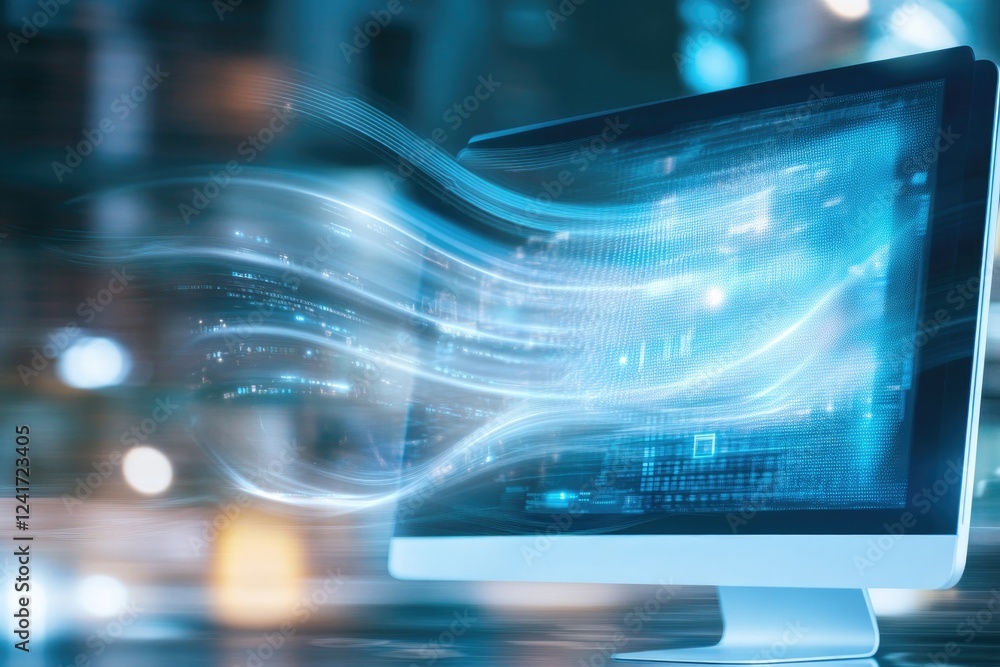 Poster artistic representation of computer screen with swirling light patterns symbolizing digital repair