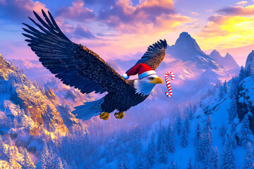 Merry Christmas concept holiday card - Soaring eagle with a Santa hat, holding a candy cane in its talons, gliding over a snowy mountain landscape on a twilight background