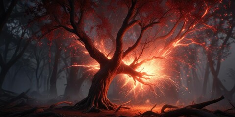 Fiery red sparks bursting forth from a burning tree branch, glowing sparks ascending , intense heat emanating, fiery blaze unfolding
