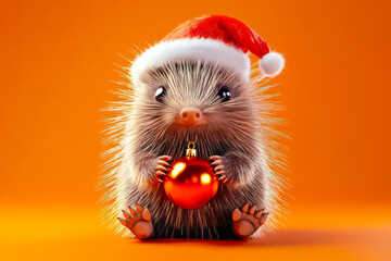 Merry Christmas concept holiday card - Spiky porcupine wearing a Santa hat and holding a tiny holiday ornament in its paws, on a cozy orange background – unique, 3D holiday illustration.