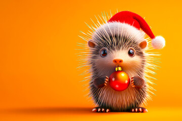 Merry Christmas concept holiday card - Spiky porcupine wearing a Santa hat and holding a tiny holiday ornament in its paws, on a cozy orange background – unique, 3D holiday illustration.