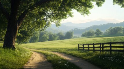 Obraz premium Serene sunrise path, rural valley, misty mountains. Peaceful landscape for travel brochures