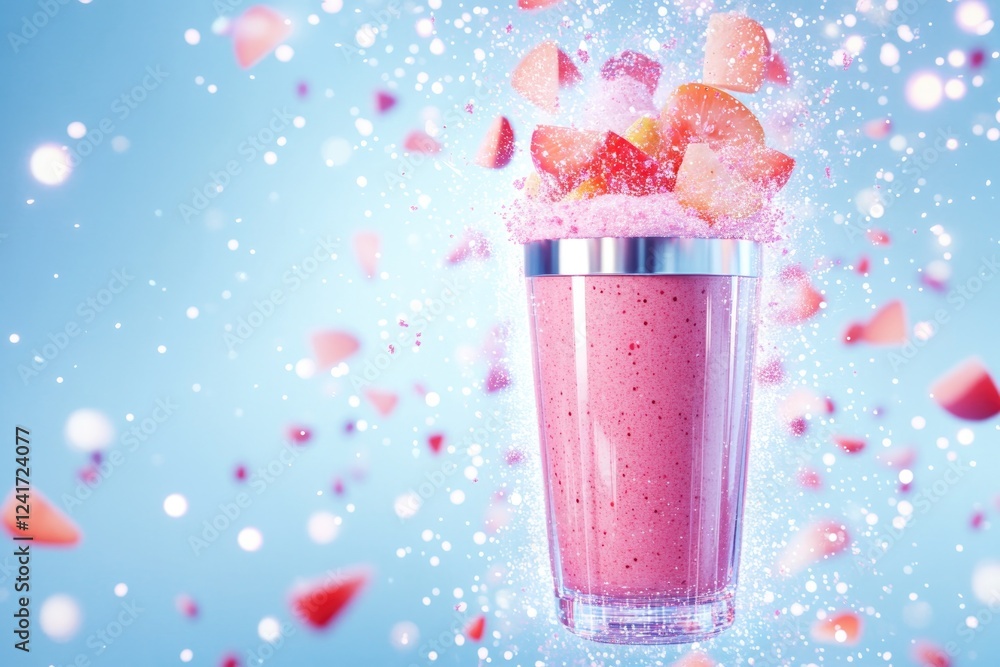 Aufkleber artistic representation of smoothie shaker surrounded by glowing fruit particles and bright digital 