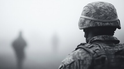 Fototapeta premium Soldier in fog, watching blurred figures, military operation, war background, stock photo