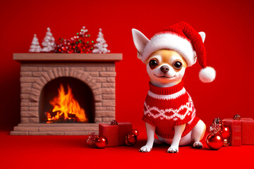 Merry Christmas concept holiday card - Tiny chihuahua in a Santa hat and sweater, seated by a cozy fireplace on a warm red background – adorable, 3D holiday illustration. 