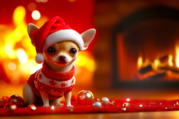 Merry Christmas concept holiday card - Tiny chihuahua in a Santa hat and sweater, seated by a cozy fireplace on a warm red background – adorable, 3D holiday illustration. 