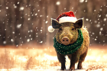 Merry Christmas concept holiday card - Tough boar in a Santa hat and green scarf, standing in a snowy forest clearing with a warm brown background – rugged, 3D holiday illustration