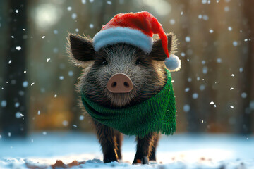 Merry Christmas concept holiday card - Tough boar in a Santa hat and green scarf, standing in a snowy forest clearing with a warm brown background – rugged, 3D holiday illustration