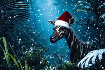 Merry Christmas concept holiday card - Unique okapi in a Santa hat, standing in a snowy jungle with a lush green background – mysterious, 3D holiday illustration.