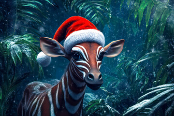Merry Christmas concept holiday card - Unique okapi in a Santa hat, standing in a snowy jungle with a lush green background – mysterious, 3D holiday illustration.