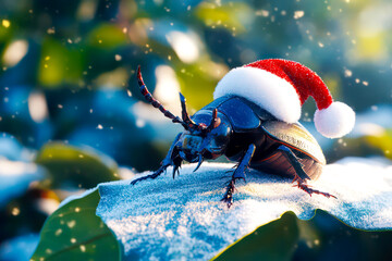 Merry Christmas concept holiday card - Unique rhinoceros beetle in a Santa hat, sitting on a snow-covered leaf with a forest green background – intriguing, 3D holiday illustration.