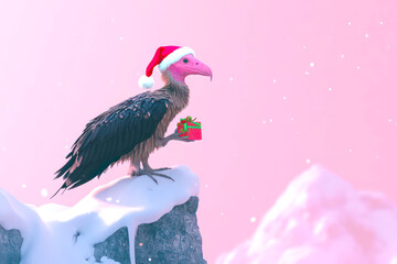 Merry Christmas concept holiday card - Unique vulture with a Santa hat, holding a small gift, perched on a snowy cliff with a soft pink background – quirky, 3D holiday illustration. 