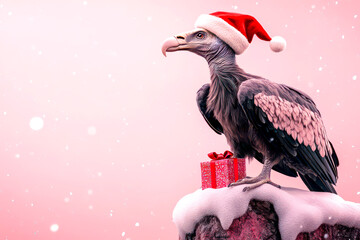 Merry Christmas concept holiday card - Unique vulture with a Santa hat, holding a small gift, perched on a snowy cliff with a soft pink background – quirky, 3D holiday illustration. 