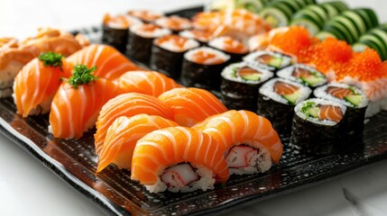 Detailed close-up of sushi varieties like dragon rolls, spicy tuna, and cucumber maki on a glossy black plate, set against a bright white background