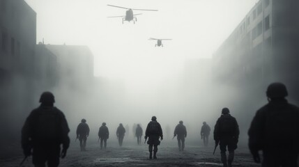 Soldiers advance in foggy city, helicopters overhead