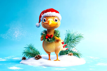 Merry Christmas concept holiday card - Whimsical dodo with a Santa hat and a holiday wreath, standing on a snowy island with a light blue background – nostalgic, 3D holiday illustration.