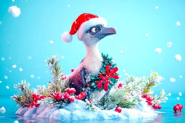 Merry Christmas concept holiday card - Whimsical dodo with a Santa hat and a holiday wreath, standing on a snowy island with a light blue background – nostalgic, 3D holiday illustration.
