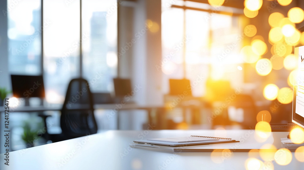 Poster modern office setting with business concept banner and bokeh background