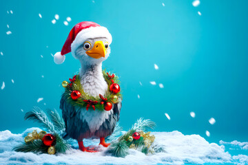 Merry Christmas concept holiday card - Whimsical dodo with a Santa hat and a holiday wreath, standing on a snowy island with a light blue background – nostalgic, 3D holiday illustration.