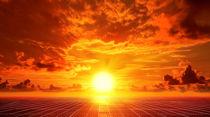 Solar panels in a vast field with the sun setting behind them, creating a warm, glowing landscape of renewable energy generation.