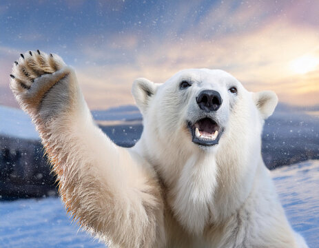 Un oso polar saludando con una mano en un paisaje de frio polar