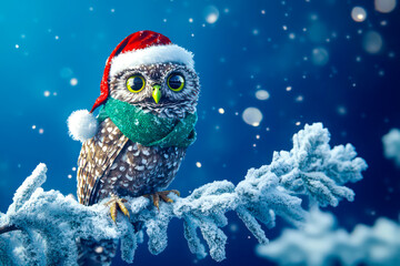 Merry Christmas concept holiday card - Wise owl with a Santa hat and green scarf, perched on a snowy tree branch against a deep blue background – enchanting, 3D holiday illustration