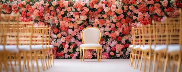 Fairytale wedding setup with cascading floral arches and golden chairs