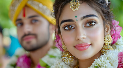 Obraz premium Indian bride portrait, groom blurred background, wedding ceremony, South Asian culture