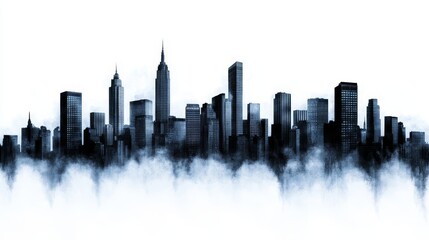 Fototapeta premium Cityscape Above the Clouds - A dramatic cityscape silhouette emerges from a sea of clouds, creating a striking visual contrast. Perfect for urban, travel, or fantasy themes.
