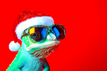 Merry Christmas concept holiday vacation winter animal pet greeting card - Cool chameleon with sunglasses and santa claus hat, isolated on red background 