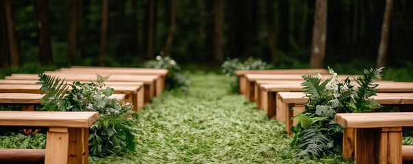 Fototapeta premium Forest clearing wedding setup with wooden benches and natural greenery