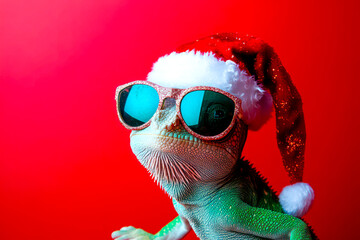 Merry Christmas concept holiday vacation winter animal pet greeting card - Cool chameleon with sunglasses and santa claus hat, isolated on red background 