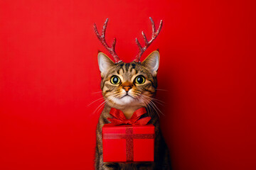 Merry Christmas concept holiday vacation winter greeting card - Cool cat with reindeer antlers and red giftbox with ribbon, on red background 