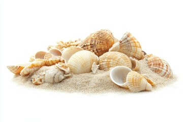Sea shells in sand pile isolated on white background