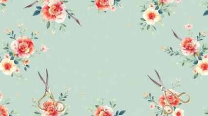 floral scissor themed watercolor pattern, scissors cut, scissors, gardening