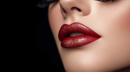 Obraz premium Closeup of Glittery Red Lips and Soft Skin