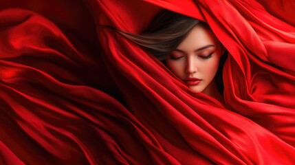 A woman wearing a red dress has her eyes closed, possibly lost in thought or meditation