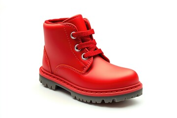 A close-up shot of a bright red boot on a white background