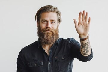 Fototapeta premium Smiling bearded handsome man waving hand isolated on white.