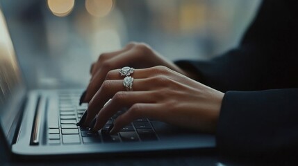 Woman Typing on Laptop Wearing Elegant Rings