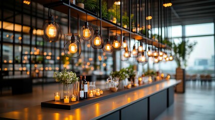 Industrial-chic wedding setup with modern decor and hanging lights